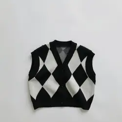 Autumn New Children V-neck Vest Baby Rhombus Plaid Sleeveless Knit Sweater Boys Girls Cardigan Coat Kids Casual Loose Tops