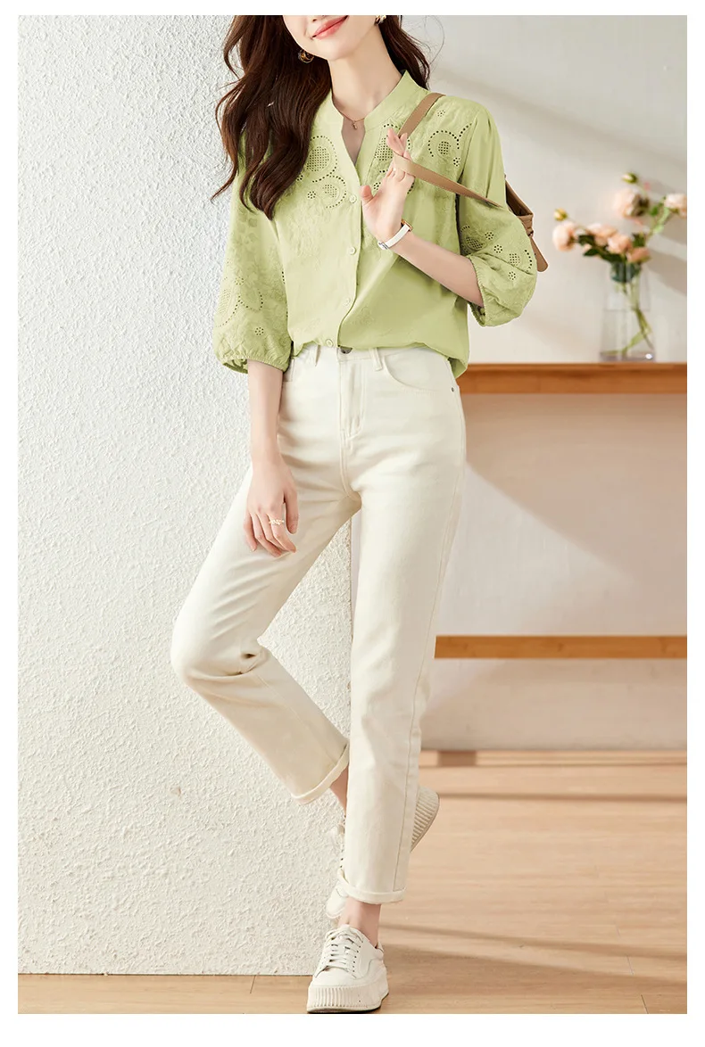 

2026 Autumn New Solid Shirt Casual Loose Fashion Hollow Puff Sleeve Cardigan Tops For Women Office Black Hollow out Blouses