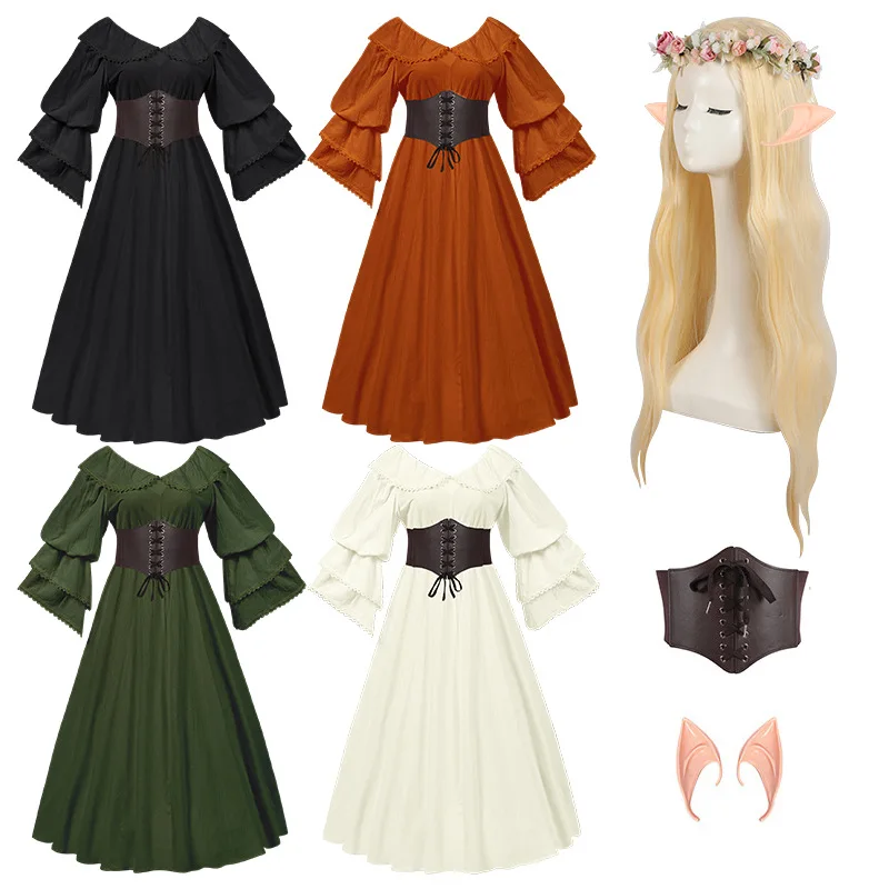 

French Vintage Doll Neck Ruffle Long Sleeve Renaissance Women's Dresses Festivals Play Clothing and Floor Length Long Dresses