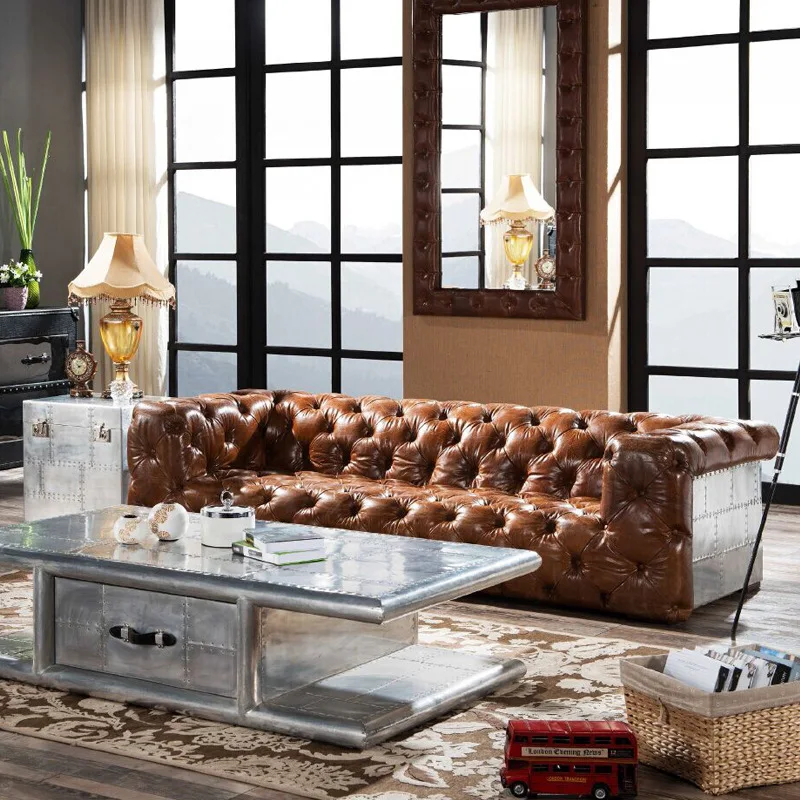 Industrial style sofa cowhide pull buckle metal aluminum leather rivet three-person sofa living room rural furniture