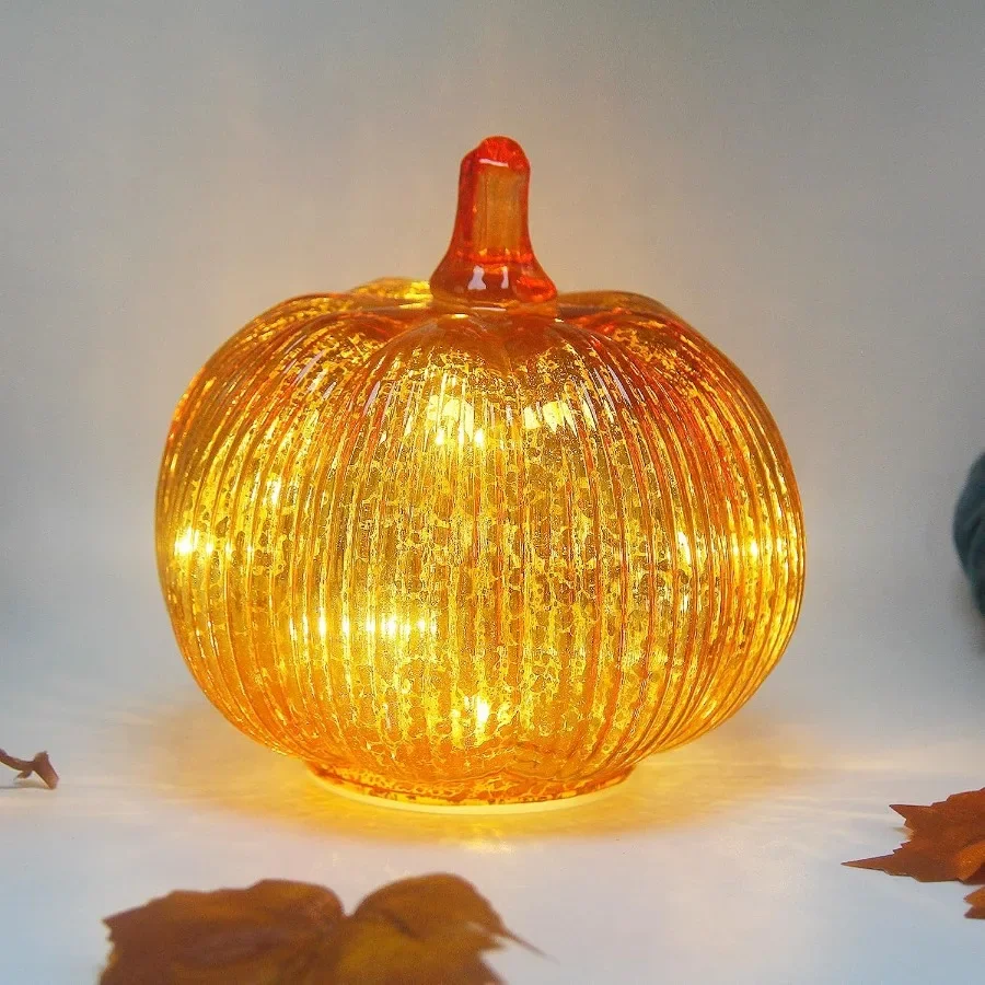 

Batteryoperated mercury glass pumpkin lights with timer feature perfect for Halloween and fall decorations ideal for Thanksgivi
