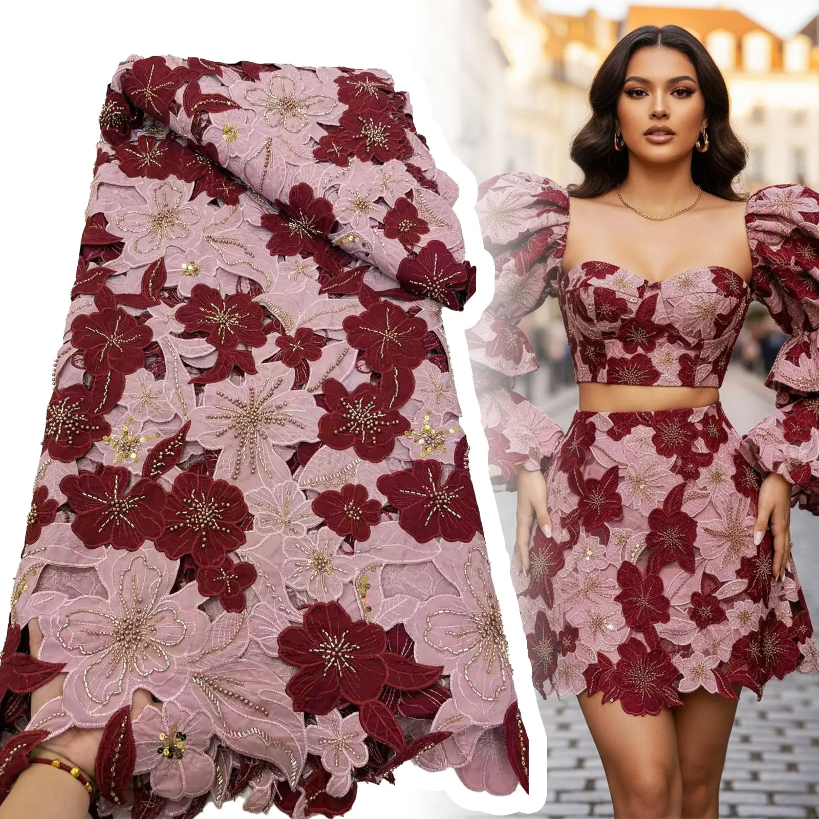 

Elegant African Guipure Lace Lace Fabric 2025 Nigerian Water Soluble Sequin Beaded Fabric for Party Dresses Women's Sewing