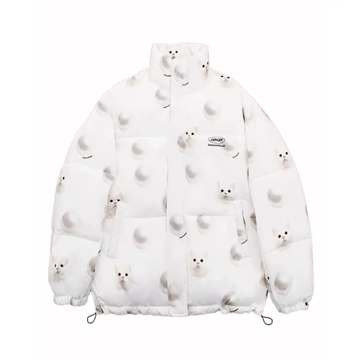 Fashion Kawaii Pearl Kitten Print Coat Women2024 New Thicked Warm White Jackets Y2k Grunge Long Sleeve Zipper Tops Mujer