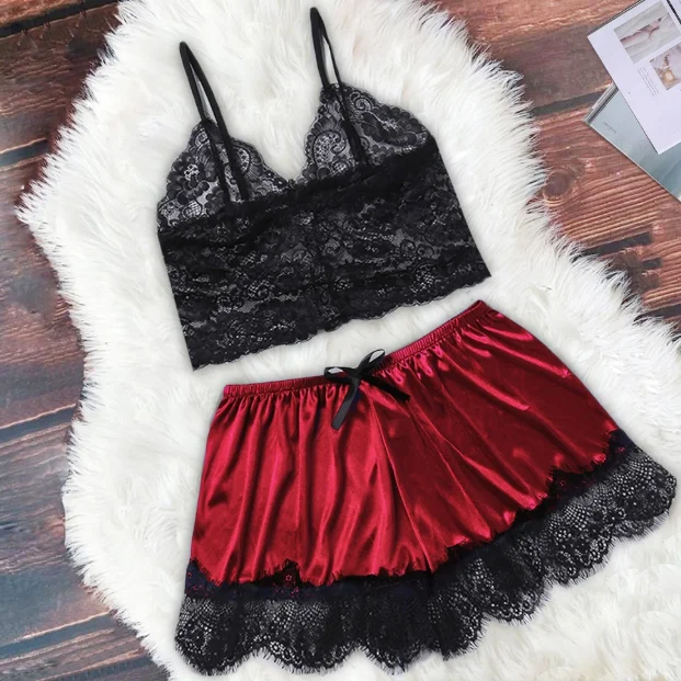 2-teiliges Damen-Pyjama-Set aus sexy Spitze, durchsichtiges Bralette, Cami-Top und Shorts, atmungsaktive Nachtwäsche, Sommer-Dessous in Übergröße – Detail 7