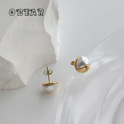 Creative Pearl Smooth Half Round Stud Earrings Women Stainless Steel Plated 18K High Quality Banquet Gift Jewelry