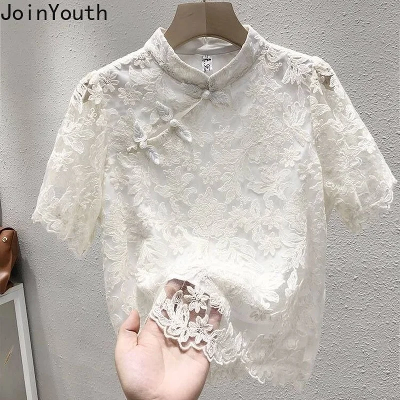 Chiffon Lace Blouse Women Short Sleeve Stand Neck Vintage Shirts 2023 Blusas Mujer De Moda Korean Summer Blouses Tops Femme