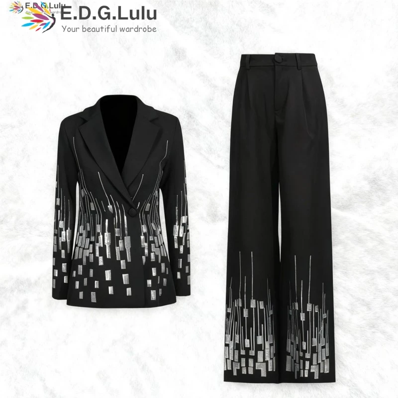 

EDGLuLu Glitter Turn-Down Collar Long Sleeve Top Coat+High Waist Straight Pants Sequin Patchwork Suit Woman Two Piece Outfit1031