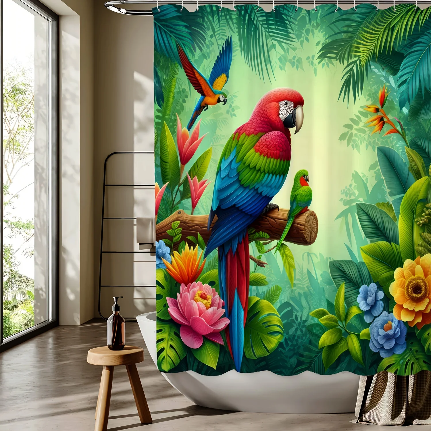 Tropical Parrot Cartoon Shower Curtain, Jungle Design, Colorful Flowers & Greenery, Machine Washable, Polyester Bathroom Decor