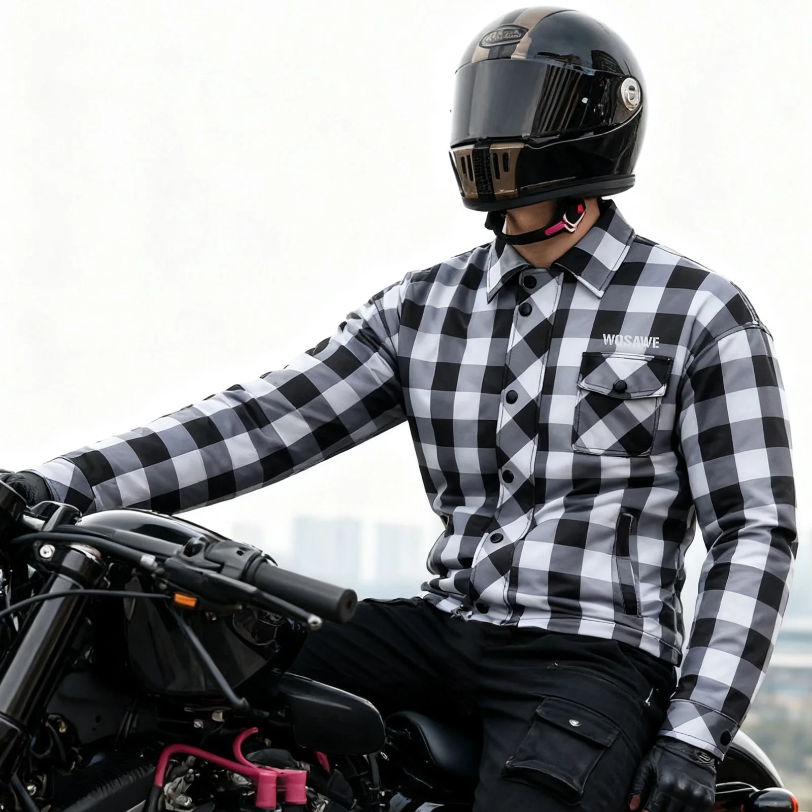 WOSAWE Warm Motorcycle Jacket Winter Motocross Riding Coat with Soft Pads Gear Retro Moto Checkered Shirt Fleece-lined Jacket