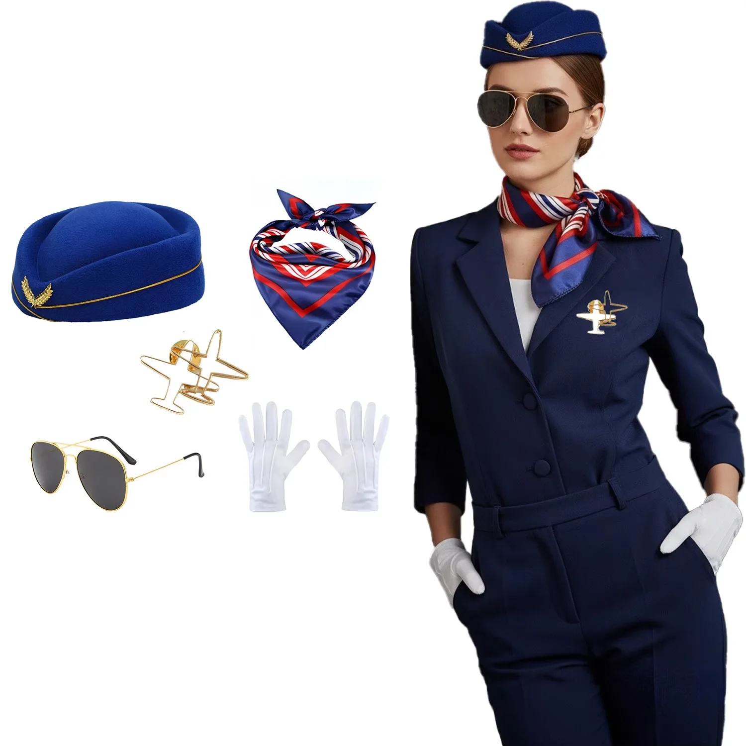 ชุดเครื่องประดับสำหรับพนักงานต้อนรับบนเครื่องบินสุดหรู - ชุดแต่งกายสไตล์สายการบินพร้อมหมวก ผ้าพันคอ เข็มกลัด และถุงมือ