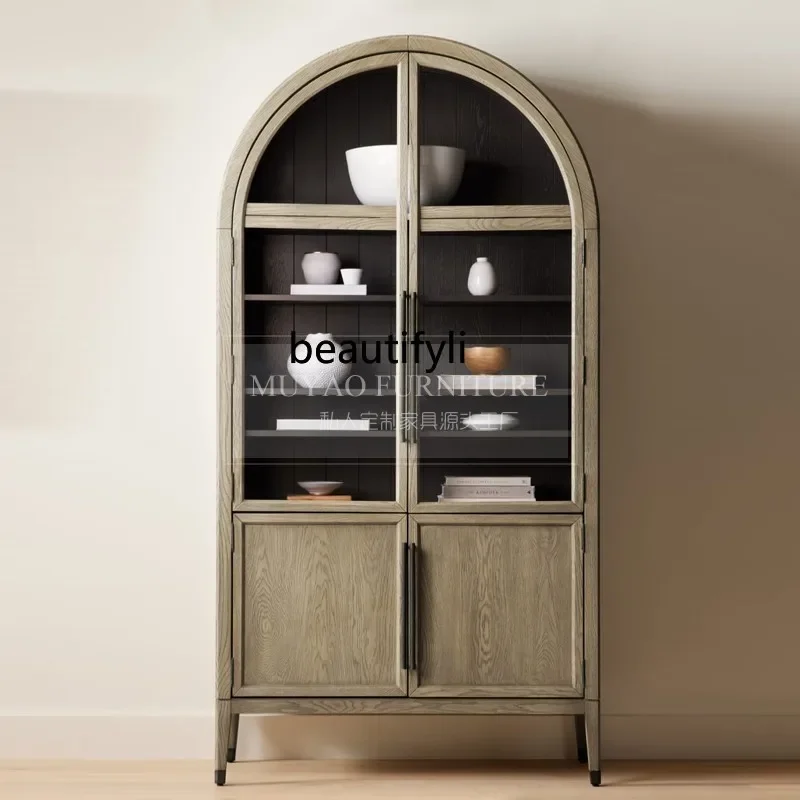 

French Arched American Retro Glass Door Wine Cabinet Storage Black Decorative Cabinet