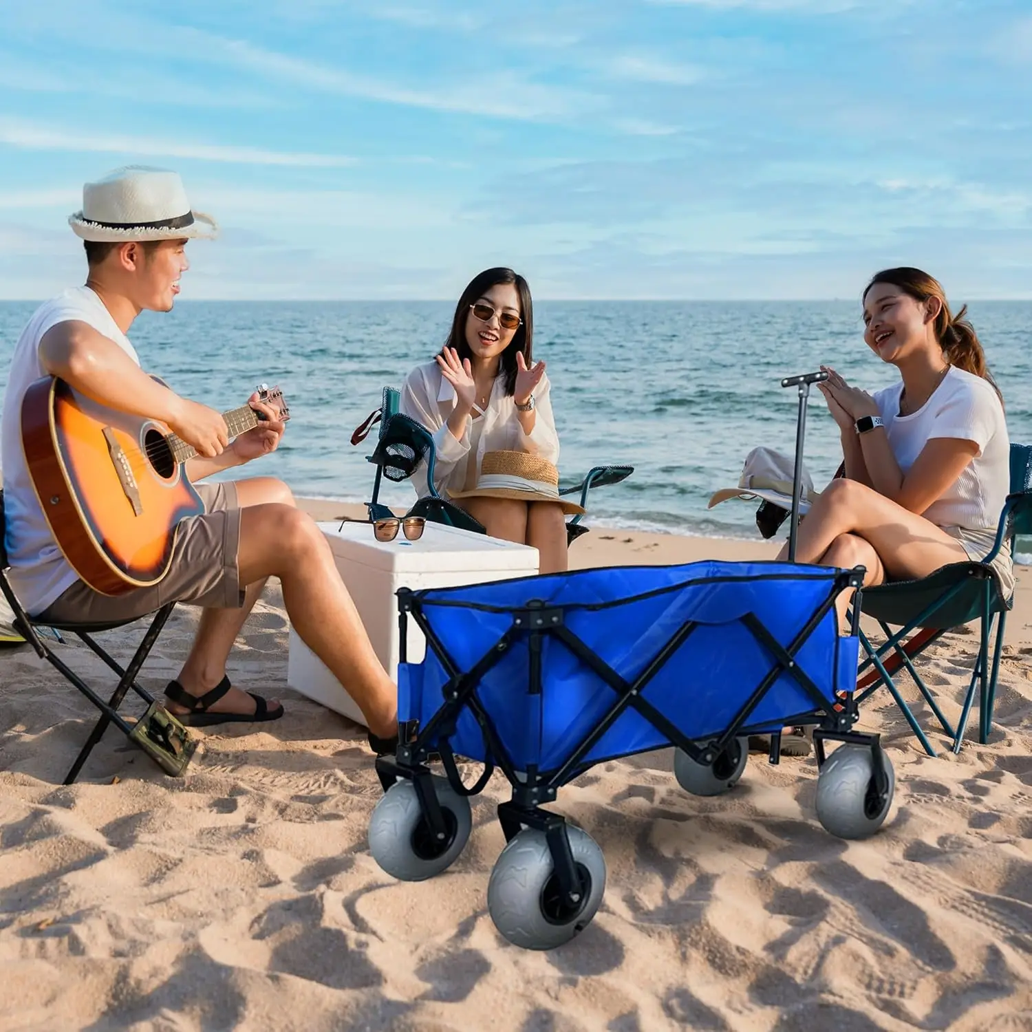 Outdoor Waterproof Collapsible Folding Beach Utility Wagon Cart with Balloon Styled Wheels and Cover Bag, Blue beach cart