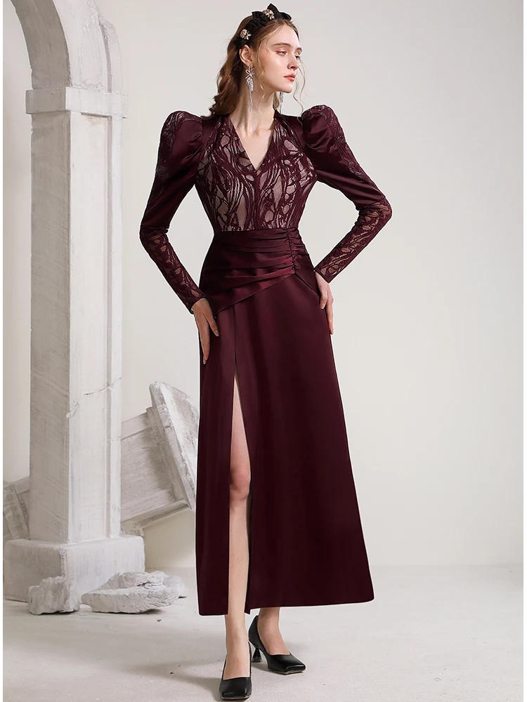 Banquet Elegant Temperament Sexy V-neck Light Mature Style Waist Wrapped Wine Red Lace Dress Long Dress