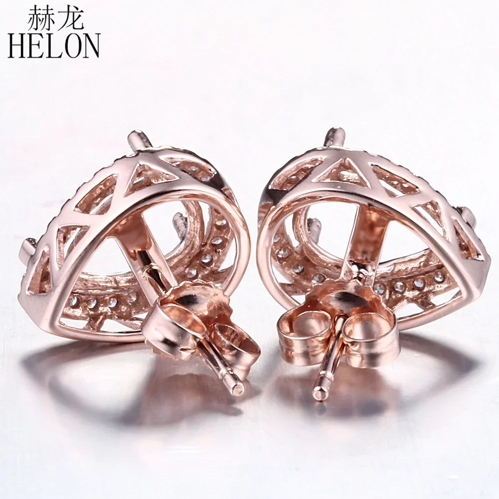 HELON 6.5x8.5mm Pear Cut Solid 14K Rose Gold Pave 0.2ct Natural Diamond Semi Mount Engagement Stud Earrings Women Trendy Jewelry