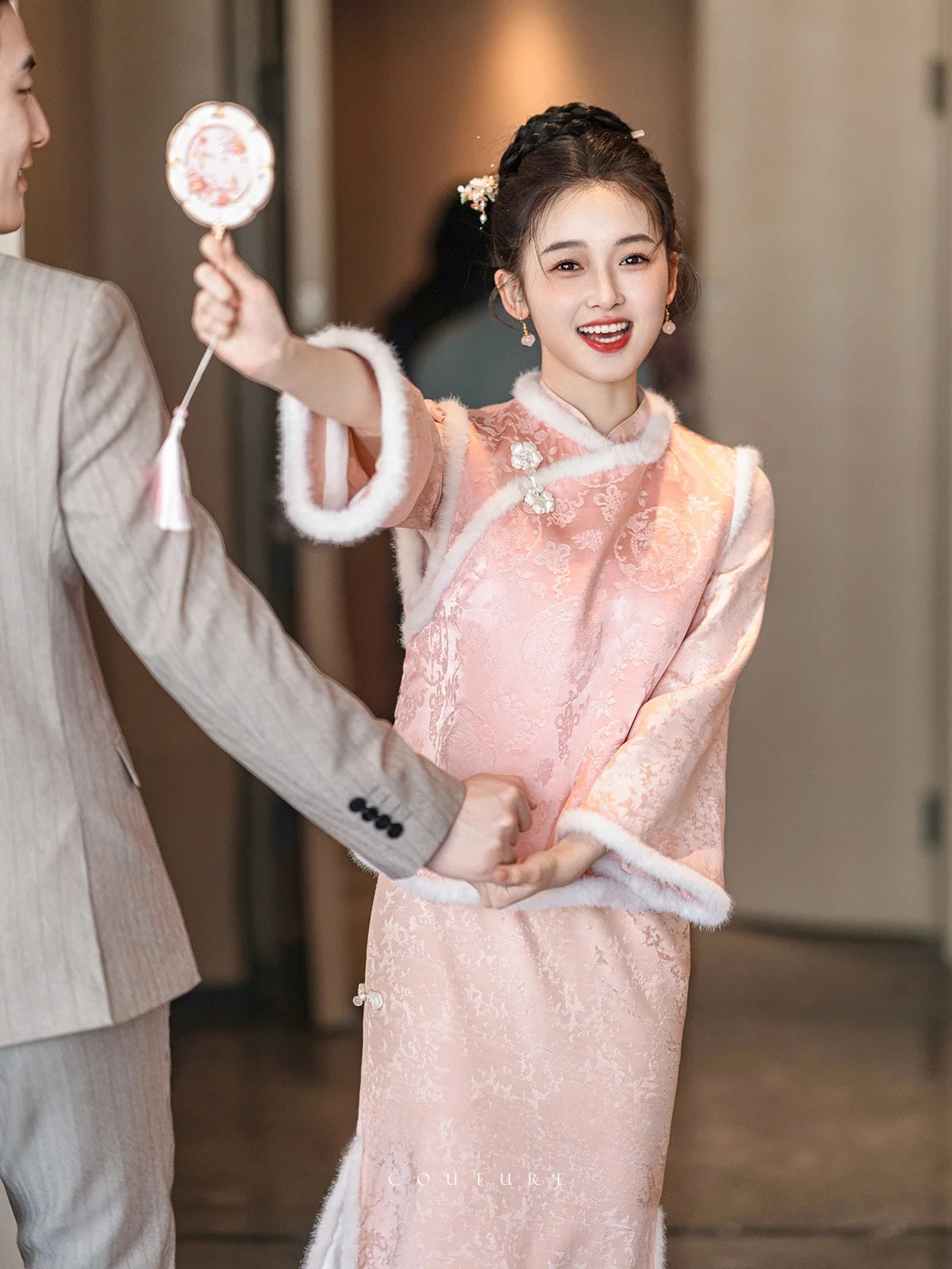 

Ele Pink Chinese Sle Wedding Dr Set New Design Small Coat Suit for Women Warm Polyester Fiber Long Sve