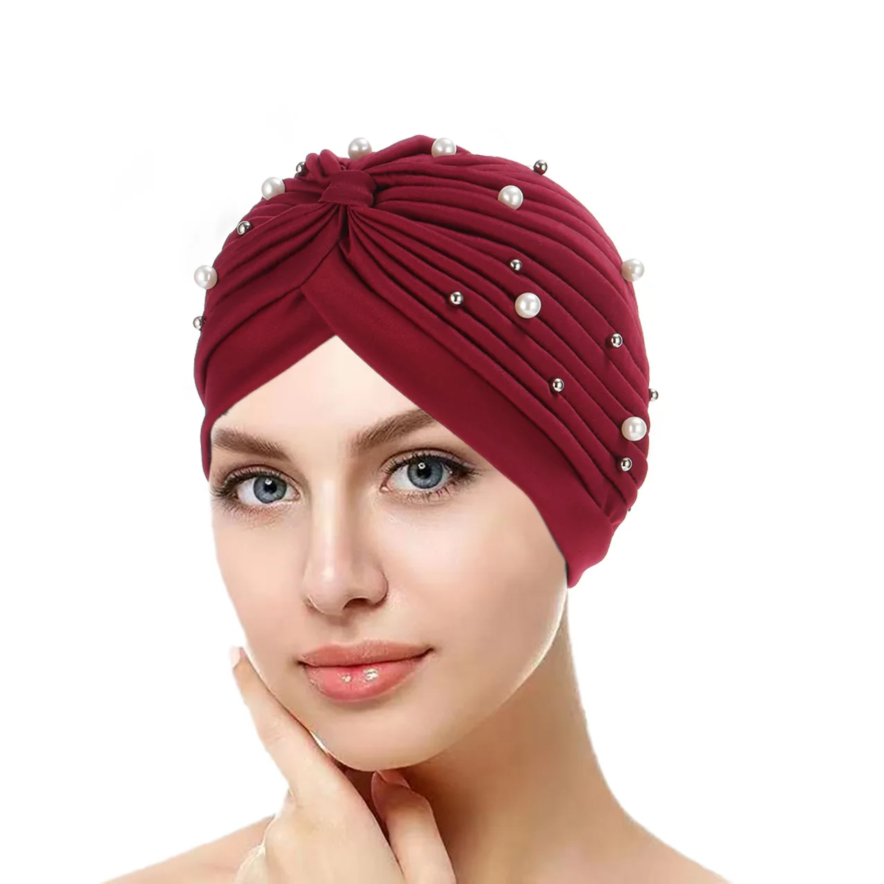 Moslim Hijab Caps Faux Parel Decor Tulband Hoed Dames Hoofddoek Chemo Hoeden Effen Kleur Kreukel Hijaabs Motorkap Verstelbaar