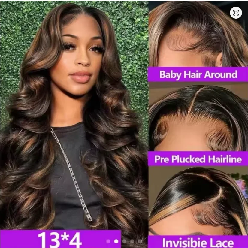 PB/30 Ombre Highlight 13x4 Brown Long Body Wavy Hair  Lace Front Glueless Wig Brunette HD Brown Curly Wave Wigs for Women image 2