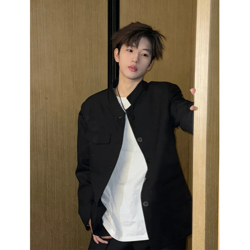 

Trendy Youth Casual Stand Collar Men's Suit Jaet High-End Feeling Loose Fit Long Sve Polyester Fiber Spring Autumn Wear