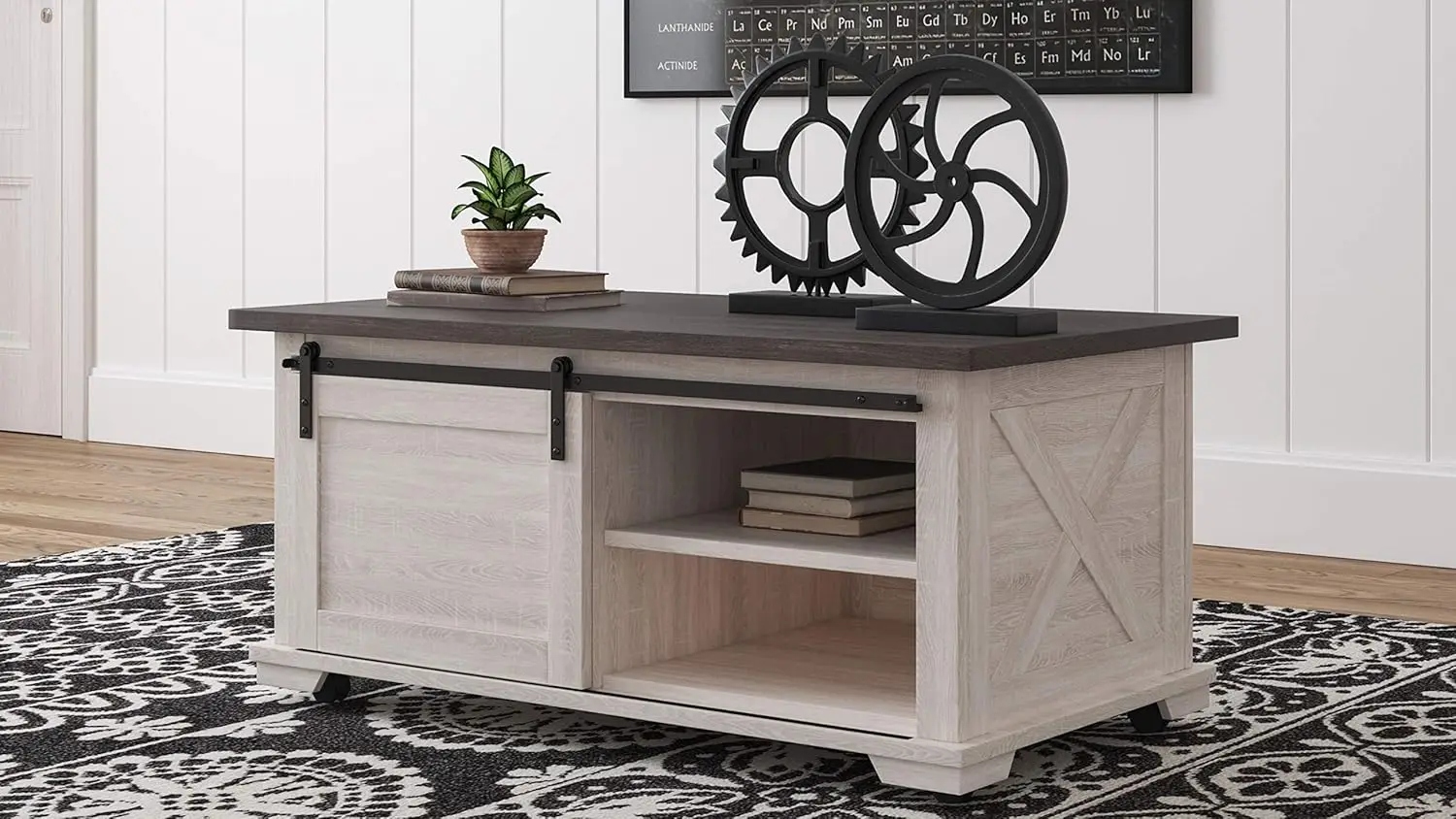 Design by Ashley Dorrinson Farmhouse Coffee Table with Sliding Barn Doors, Antique White & Brown