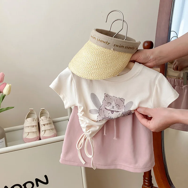 

Children's Outfit Set Skirt New Summer Girls' Fashion Cartoon Cat Drawstring Short Sleeve+Two-Piece Skirt