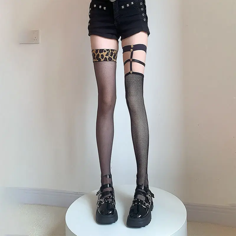 Edgy Punk Style Over Knee Fishnet Stockings Lace Hem Rivet Detail Wrap Around Strap Leg Ring Women Black Sexy Party Hosiery