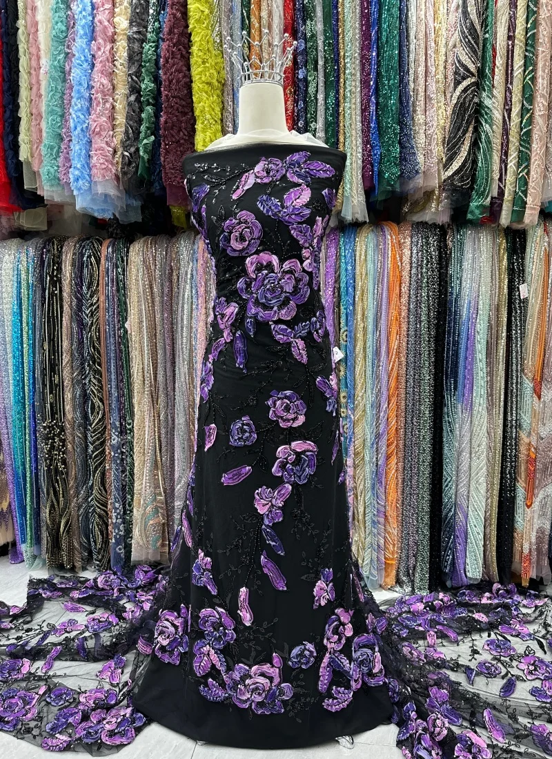 

3D Africa Groom Beaded Lace Fabric 5 Yards High Quality French Sequin Lace Fabric for Bridal Wedding Evening Dress Sewing