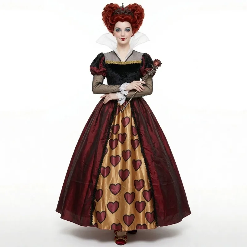 Adult Womens Halloween Alice in Wonderland Red Queen of Hearts Crown Cosplay Costume Red Black Dress Stage Roleplay Fancy Outfit