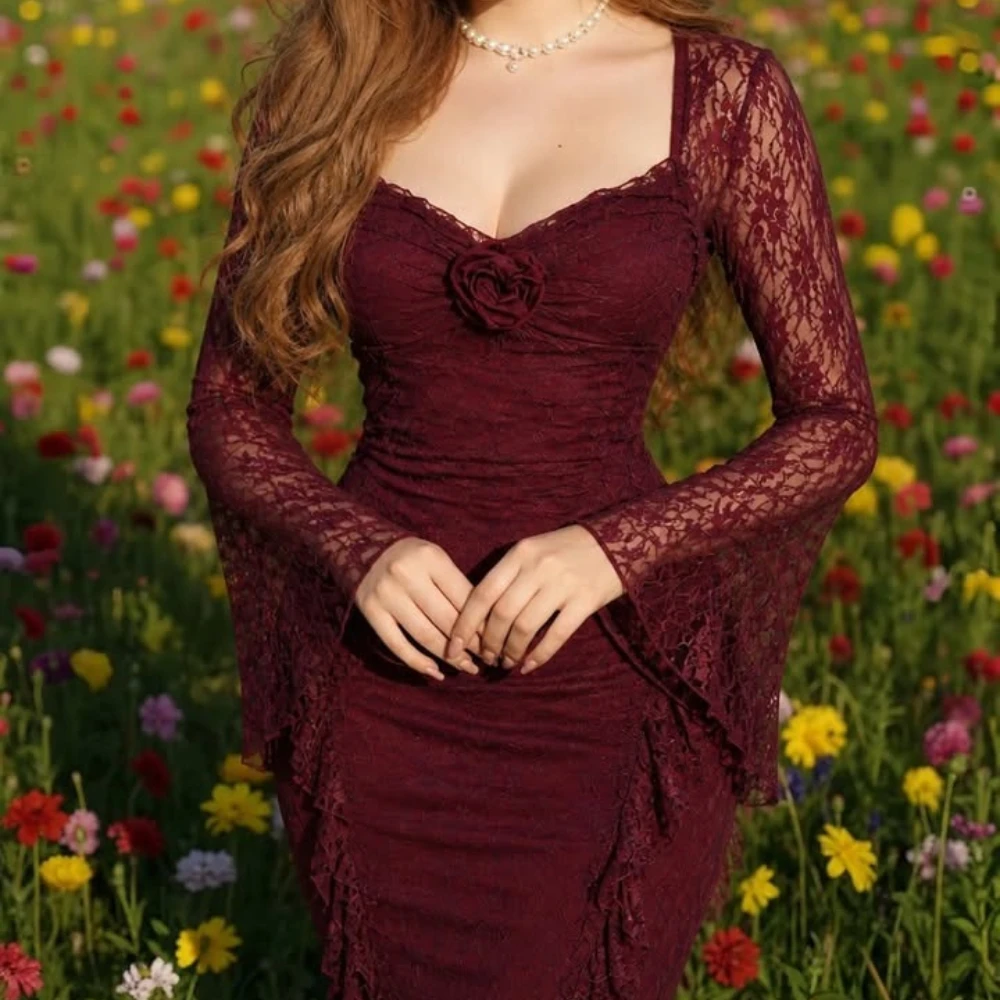

Burgundy Lace Prom Dresses Long Sleeve Square Neck Collar Mermaid Ruffle Ankle Length Gowns Formal Party Dress Customized