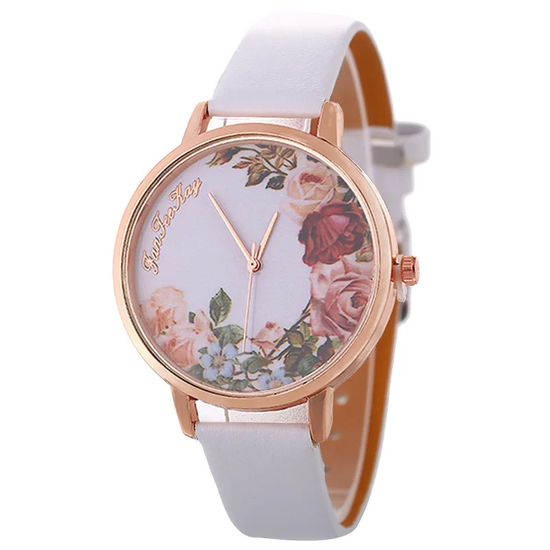 fashion flower pattern pu leather quartz women casual watch