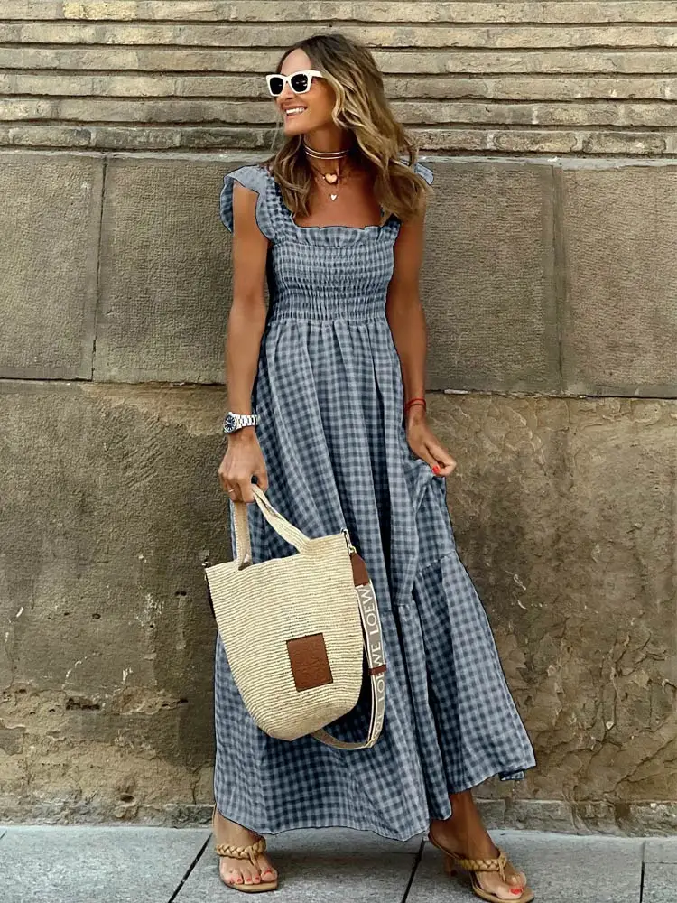 WildPinky Elegant Square Collar Plaid Summer Dress Women A-line Elastic Khaki Ruffled Dresses Beach Party Sleeveless Maxi Dress