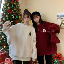 Autumn Winter Casual Oversized Fluffy Hoodie Women Christmas Tree Snowman Embroidery Fleece Pullover Sweatshirt Matching Bag