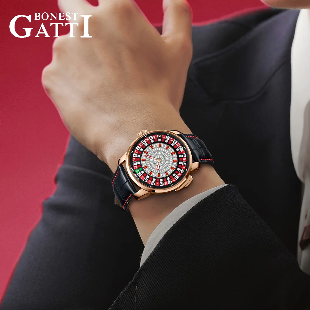 BONEST GATTI Watches European Button Roulette Fun Game Sapphire Mechanical Watch German Design Diamond Dial Leather Men's Watch