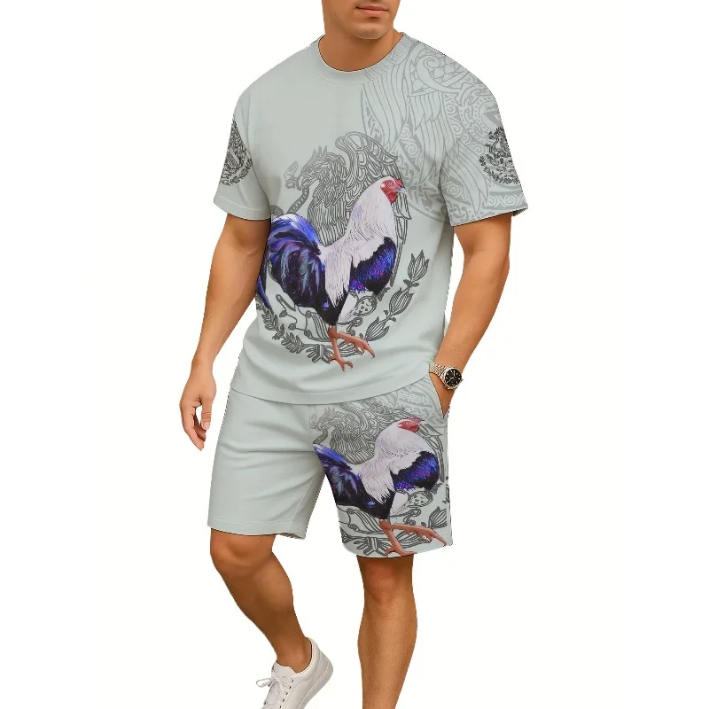 2025 New Summer Round Neck T-shirt Fashion 3D Digital Printed Chicken Pattern Men's Shorts Short Sleeve Set Two Piece Set
