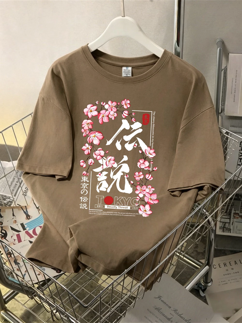 Camisetas con estampado de ramas de cerezo de Tokyo Legend, camisetas de algodón de verano de manga corta para mujer, camisetas de gran tamaño con cuello redondo, ropa informal suave