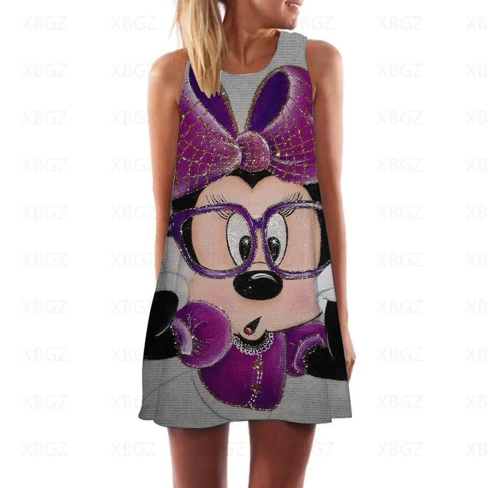 Disney-Vestido corto de Minnie Mouse para mujer, Top bohemio de dibujos animados, sin mangas, Sexy, para playa, 2022