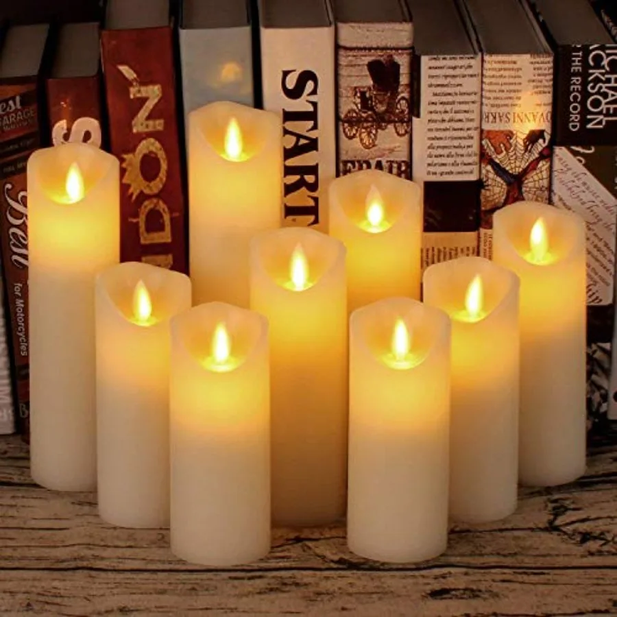 Flameless Candles Set of 9 Ivory Dripless Real Wax Pillars Include Realistic Dancing LED Flames and 10-Key Remote Control with