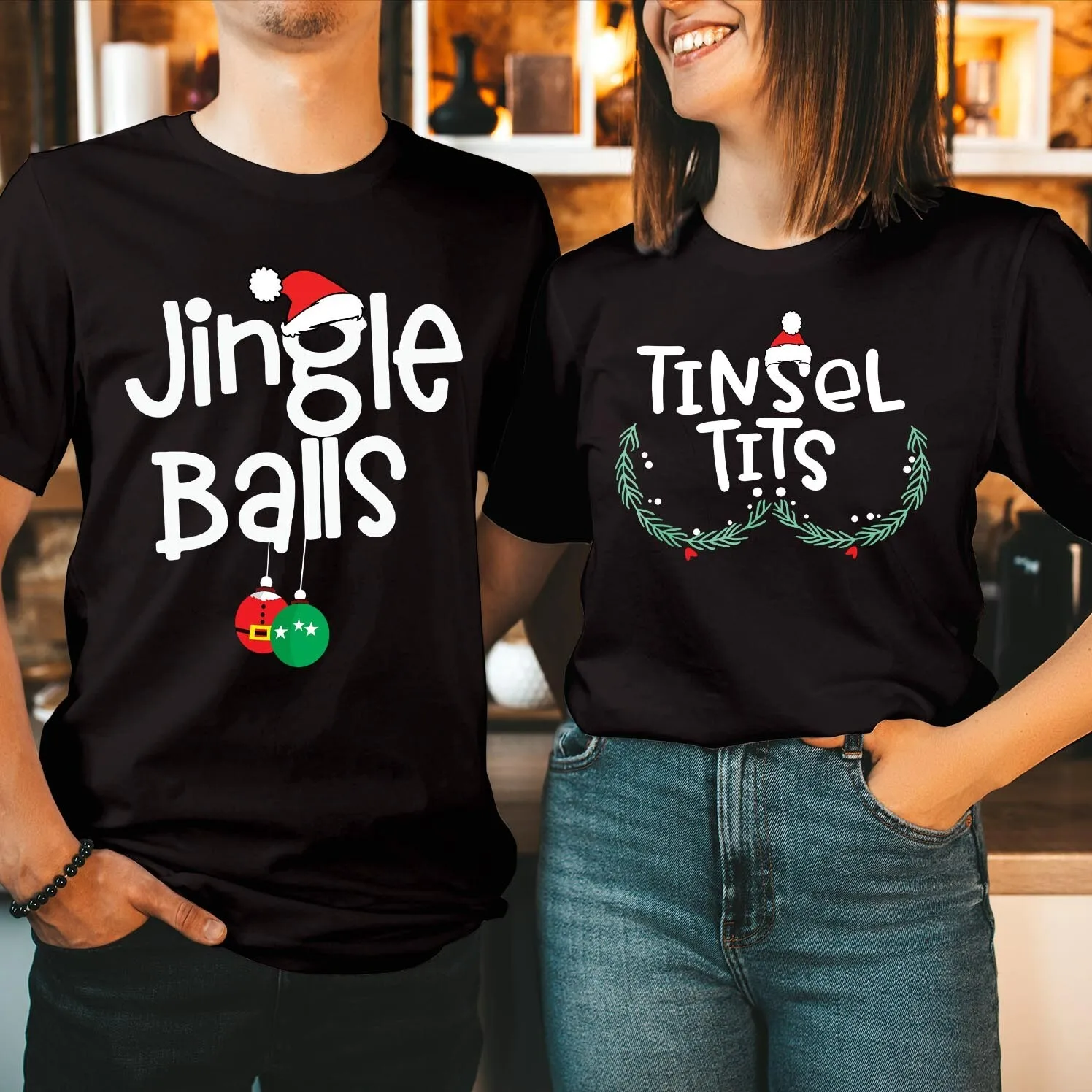 

Ding-dong Ball Gold Foil Pacifiers Paired with Couple Christmas T-shirts Fun Christmas Gifts Equipped with Printed Tops