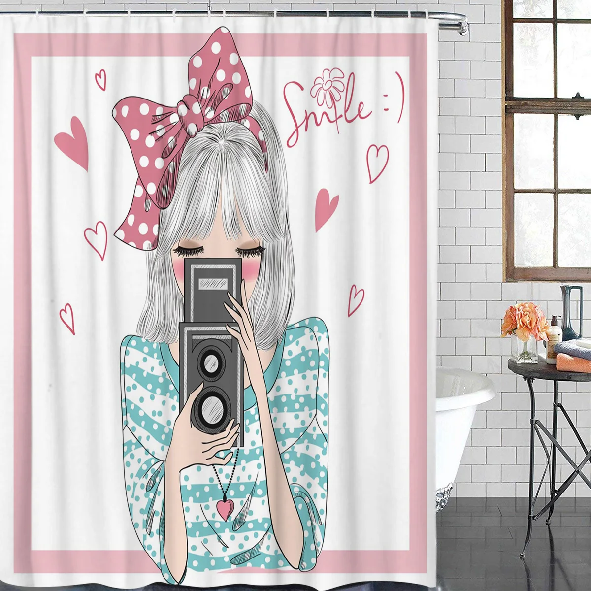 Girl Pink Bow Camera Waterproof Bathroom Decoration Shower Curtain With Hook Printed Bathtub Curtains Bathroom Accessories