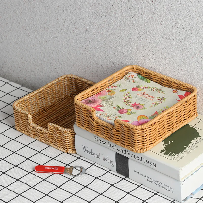 Napkin Holder Tray Plastic Rattan Square Tissue Organizer Woven Box  Table Paper Wicker Storage Bathroom Storage Basket