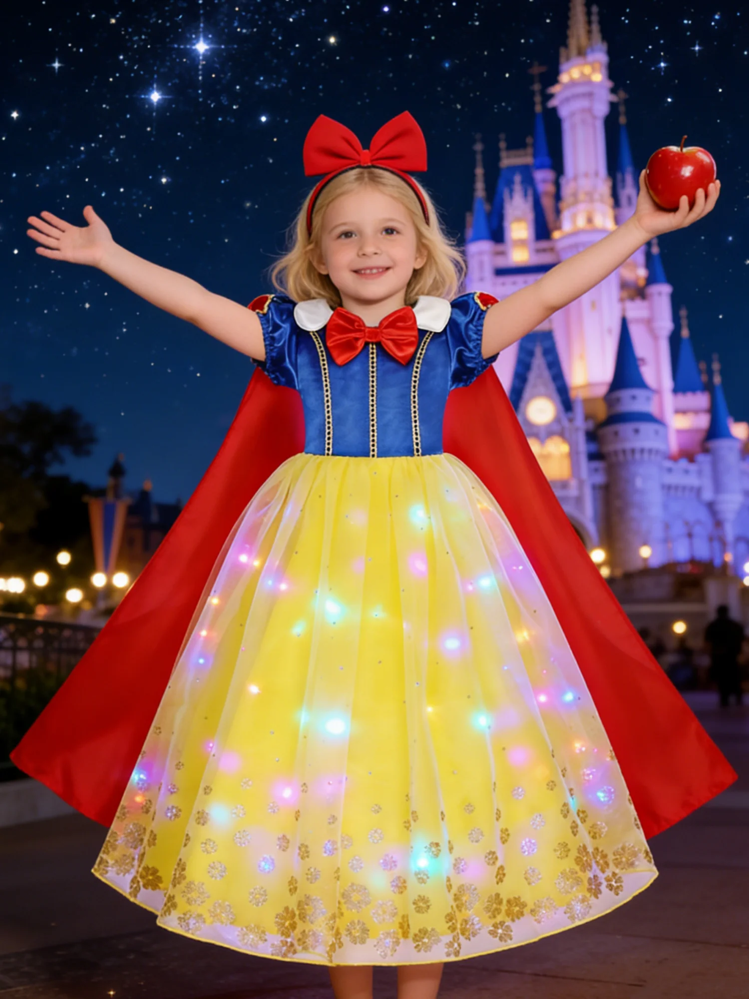 Popular Movie LED Princess Dress, White Snow Dress, With Cape And Headpiece For Halloween Carnival Birthday Party Cosplay