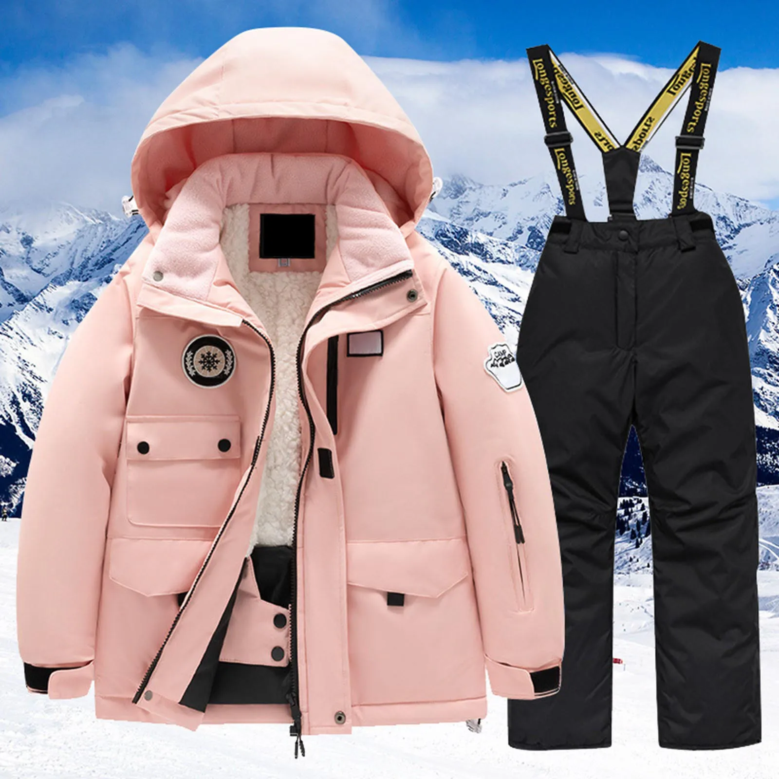 Children\'s Ski Suit Girls\' Outdoor Waterproof and Windproof Thick Warm Boys\' Ski Clothes Parkas+Trousers Snowboarding Clothes