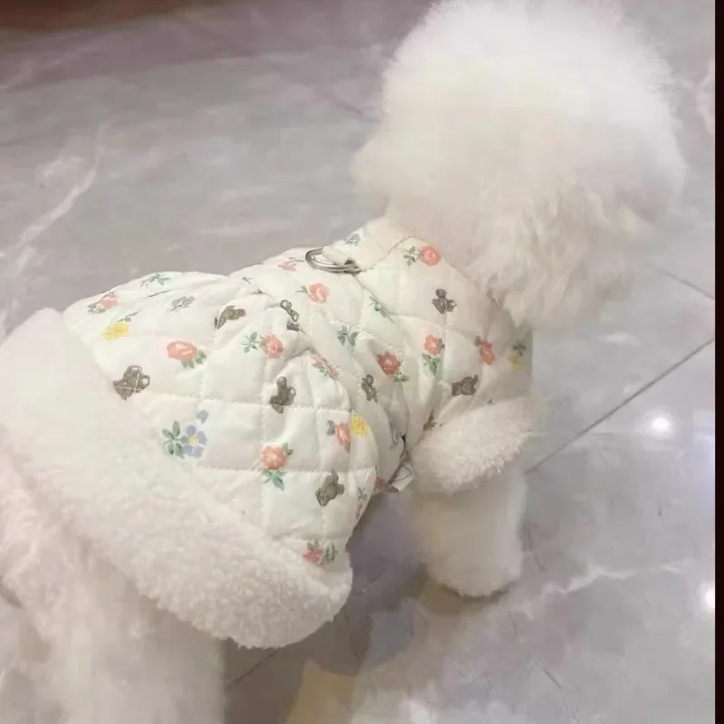 Warm Winter Pet Dog Clothes Teddy Flower Cotton Puppy Dress Thickened and Warm Puppy Feet Coat Pet Fashion Cardigan XS-XL