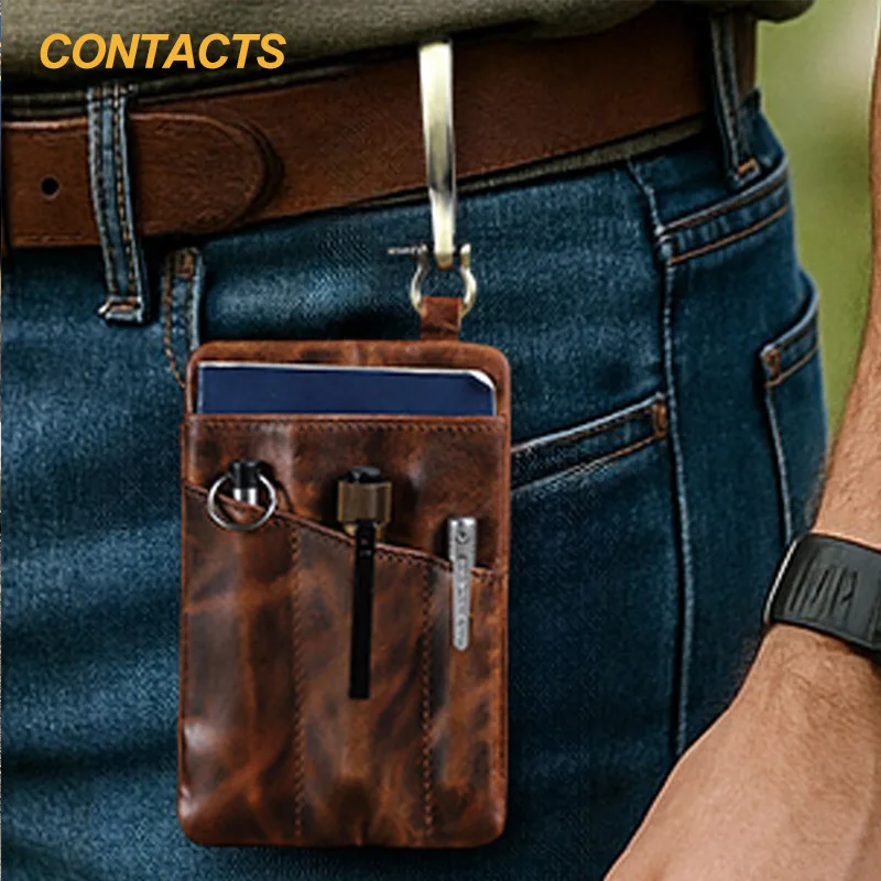 

HTS-CF9100 Vintage cowhide outdoor tool flashlight storage bag with waist hook buckle leather passport key bag