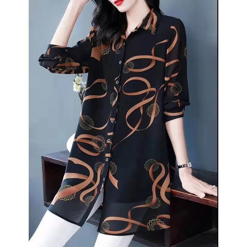 Women\'s Korean Fashion Print Oversized Button Up Shirt Vintage Elegant Lapel Long Sleeve Blouse Spring Autumn Casual Tunic Tops