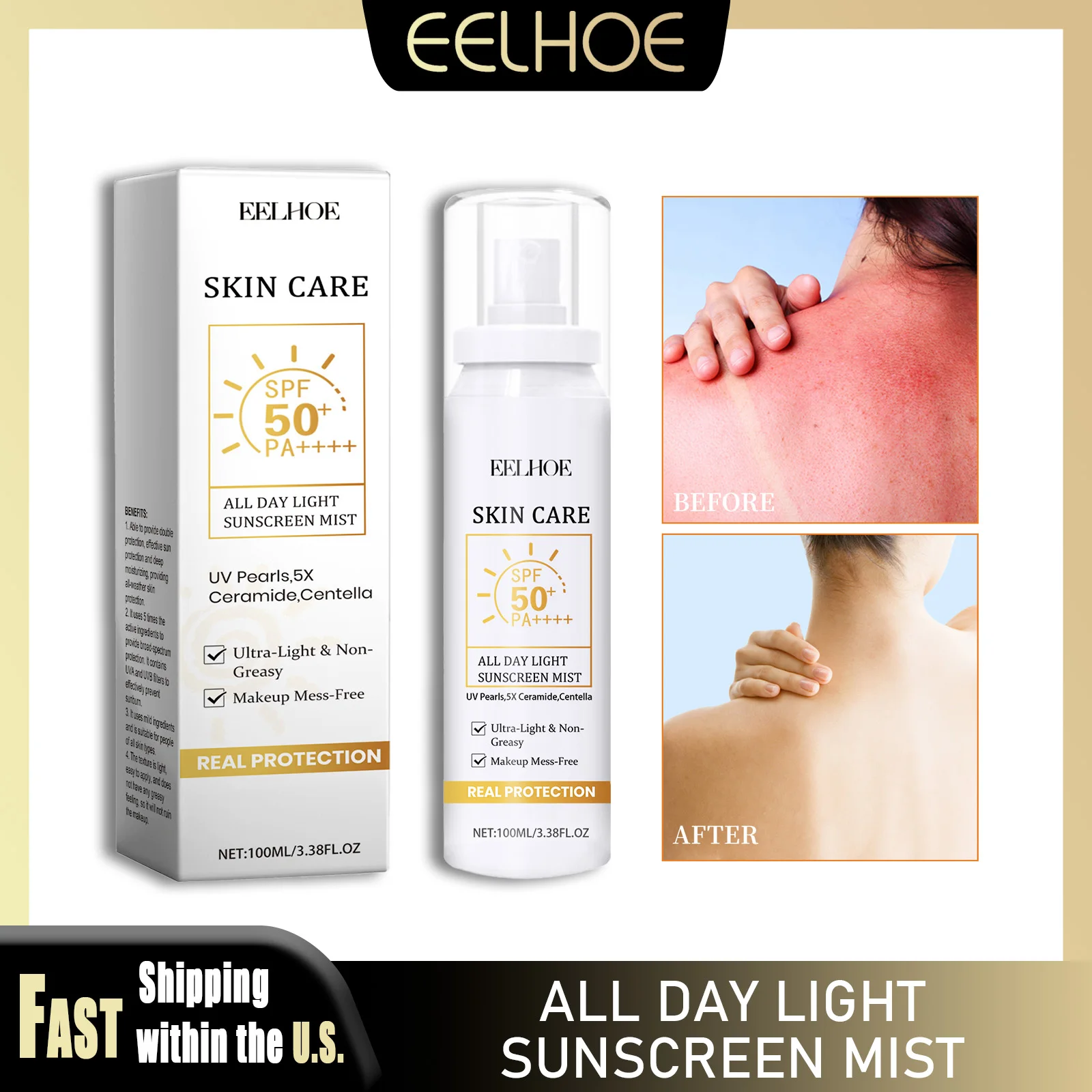 

EELHOE 100ml All Day Sunscreen Mist Active Ingredients Long-lasting Moisturizing Isolated UV Protector SPF 50+ Easy Makeup Spray