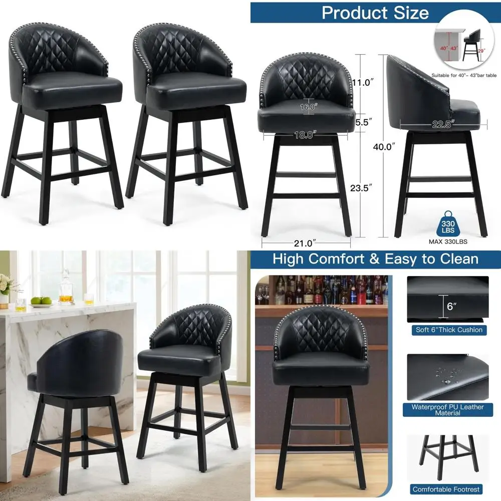 ラバーウッド脚付きハイバック回転バースツール29個セット、キッチンとダイニング用のPUレザーシート