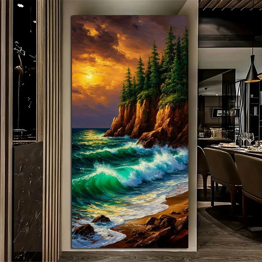 

Fullcang Луна морской пейзаж большой размер Diy наборы алмазной живописи пейзаж полный квадратный круглый дрель мозаика вышивка картина