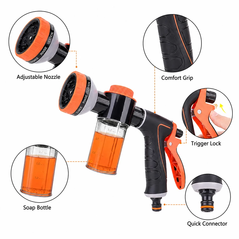 Foam Cannon Spray Gun 3-in-1 Garden Hose Nozzle with Soap Dispenser, Adjustable 8 Spray Patterns for Car Wash & Garden Cleaning