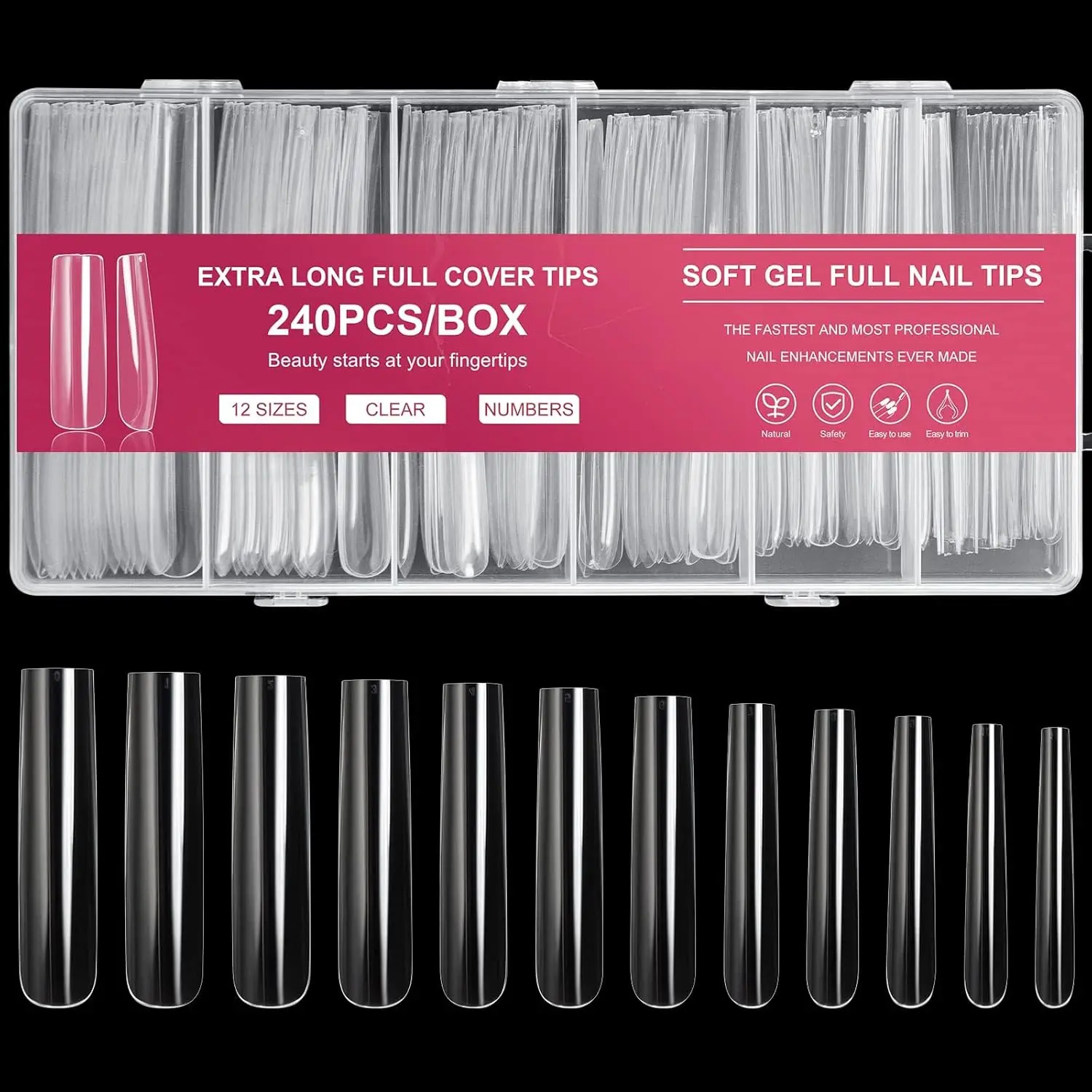 Hot deal: AORAEM Extra Long Square Full Cover Nail Tips 240PCS XXXL Clear Full Cover Fake Nails False Nails 12 Sizes Tapered Square Press on Fake Nail Tips for Acrylic Nails Salons Home DIY with Box