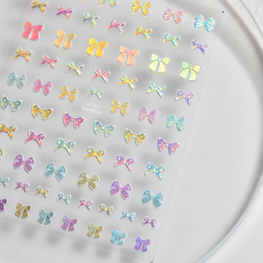 1pcs Aurora Bow Nail Sticker Sweet Fantastic Laser Ribbon Back Adhesive Bow Stickers Press On Nails DIY Summer Nail Decora Parts